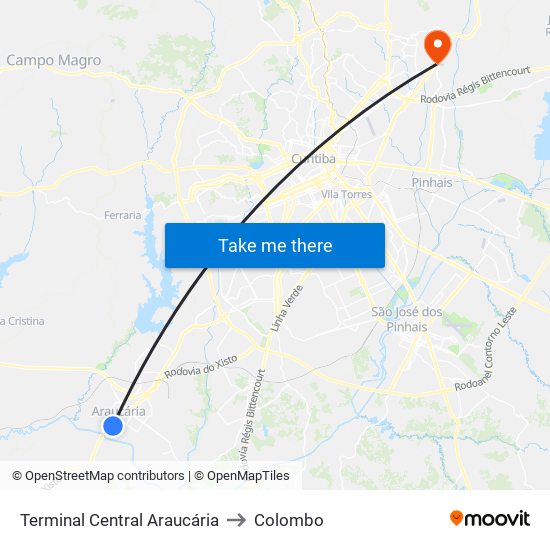 Terminal Central Araucária to Colombo map