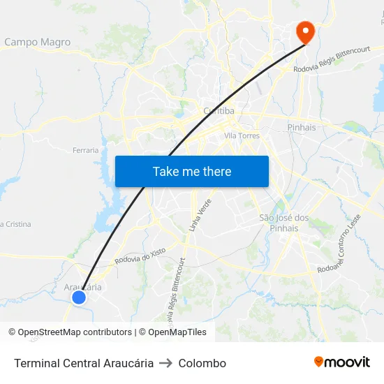 Terminal Central Araucária to Colombo map