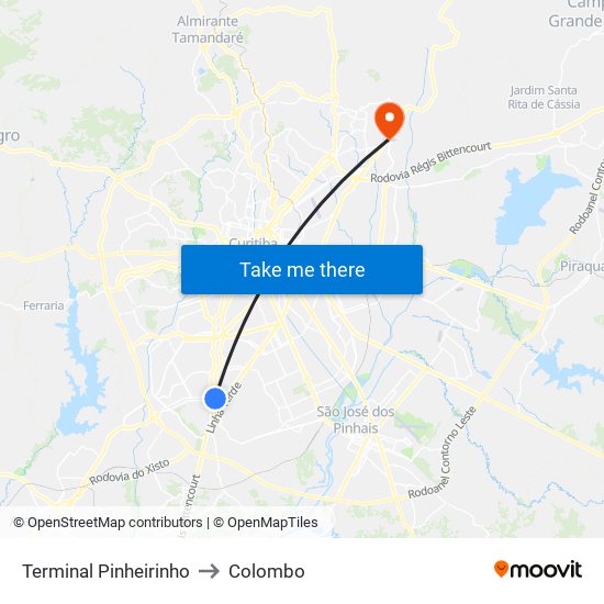 Terminal Pinheirinho to Colombo map