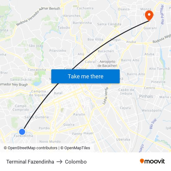 Terminal Fazendinha to Colombo map