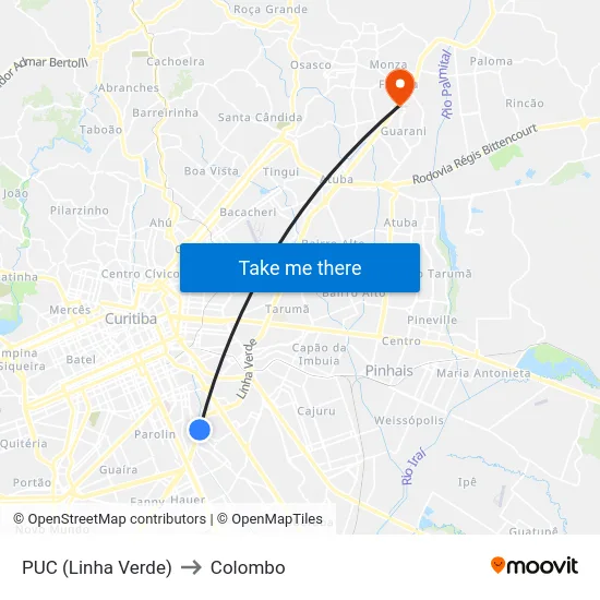 PUC (Linha Verde) to Colombo map