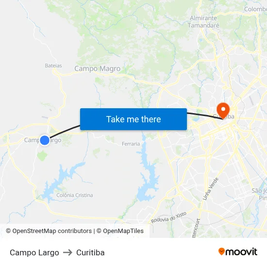 Campo Largo to Curitiba map