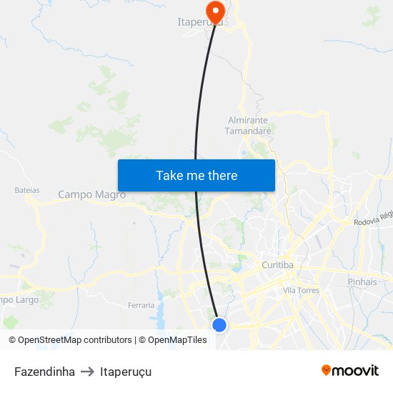 Fazendinha to Itaperuçu map