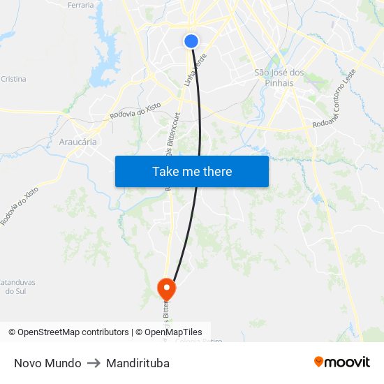 Novo Mundo to Mandirituba map