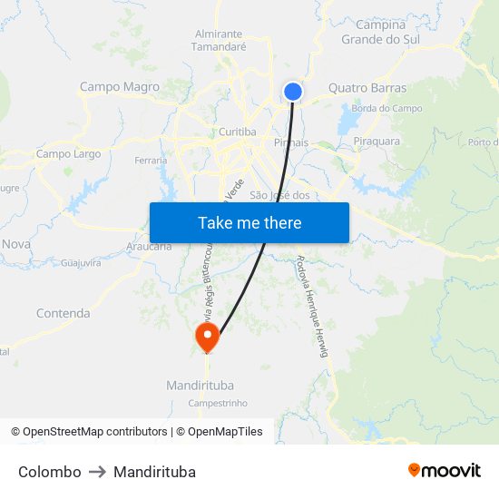 Colombo to Mandirituba map