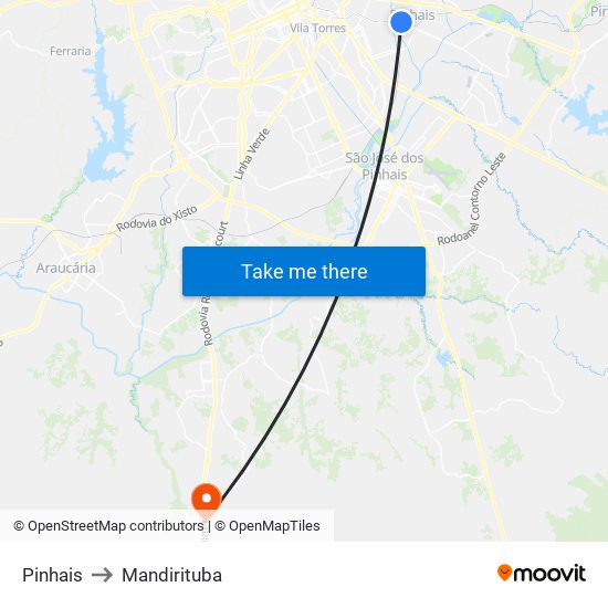 Pinhais to Mandirituba map