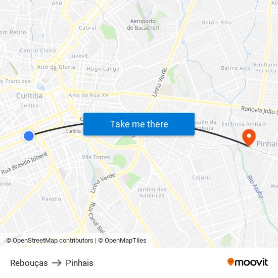 Rebouças to Pinhais map