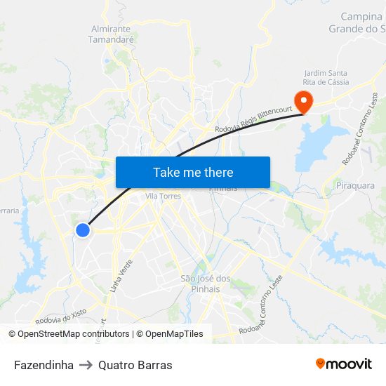 Fazendinha to Quatro Barras map