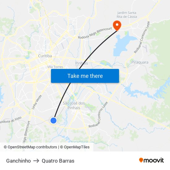 Ganchinho to Quatro Barras map