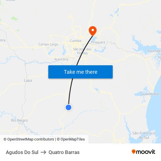 Agudos Do Sul to Quatro Barras map