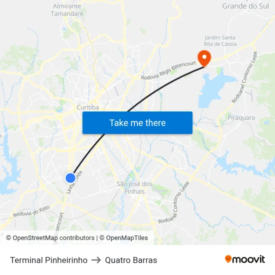 Terminal Pinheirinho to Quatro Barras map