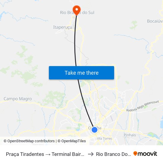 Praça Tiradentes → Terminal Bairro Alto to Rio Branco Do Sul map