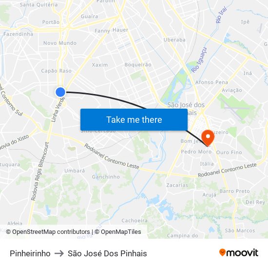 Pinheirinho to São José Dos Pinhais map
