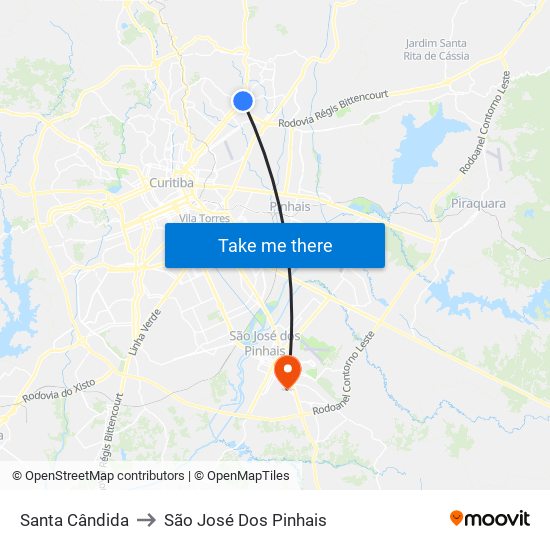 Santa Cândida to São José Dos Pinhais map