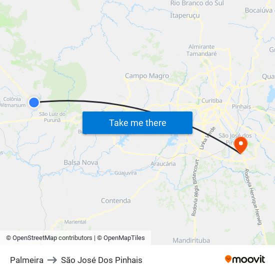 Palmeira to São José Dos Pinhais map