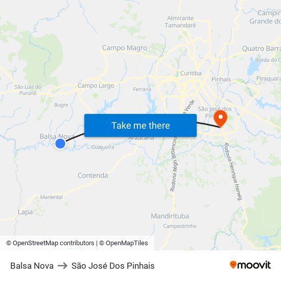 Balsa Nova to São José Dos Pinhais map