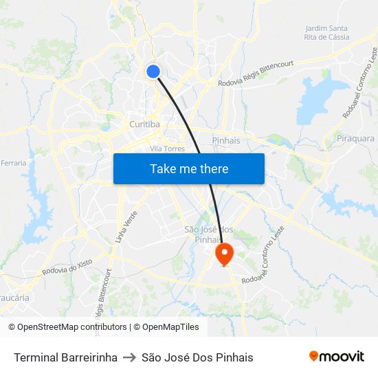 Terminal Barreirinha to São José Dos Pinhais map