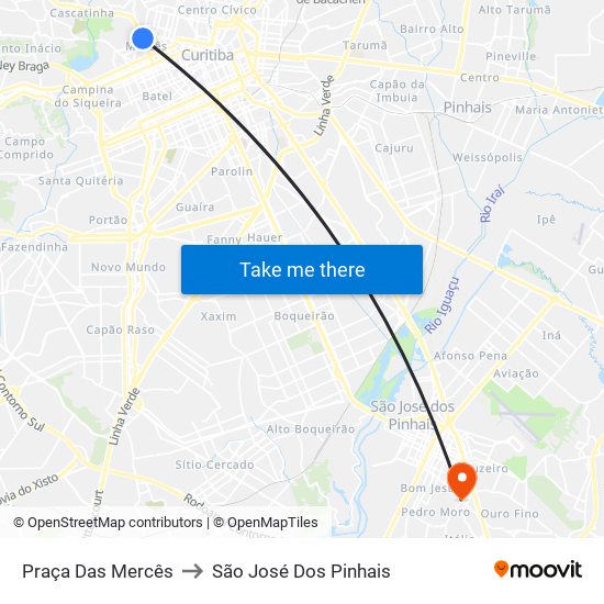 Praça Das Mercês to São José Dos Pinhais map