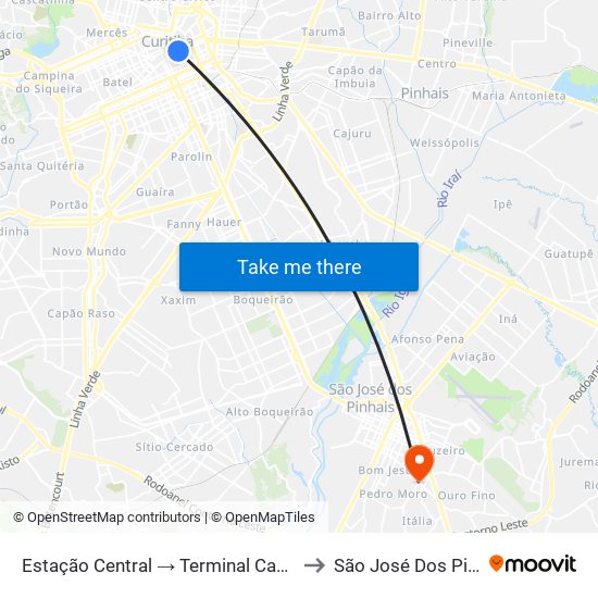 Estação Central → Terminal Capão Raso to São José Dos Pinhais map