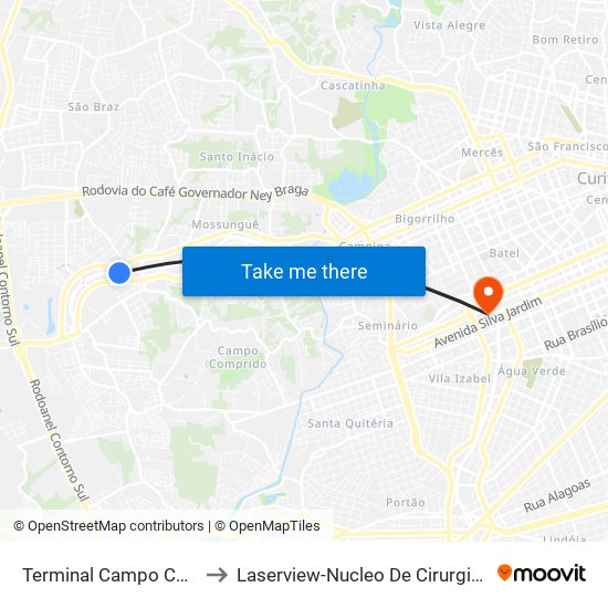 Terminal Campo Comprido to Laserview-Nucleo De Cirurgia Refrativa map