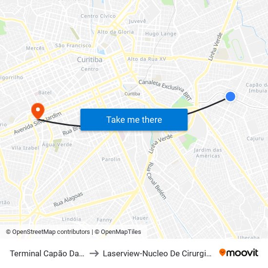 Terminal Capão Da Imbuia to Laserview-Nucleo De Cirurgia Refrativa map