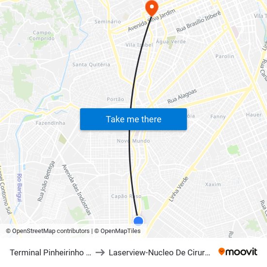 Terminal Pinheirinho (Externo) to Laserview-Nucleo De Cirurgia Refrativa map