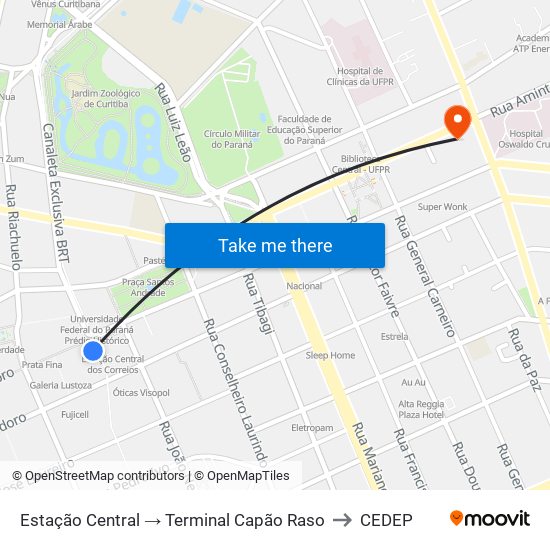 Estação Central → Terminal Capão Raso to CEDEP map