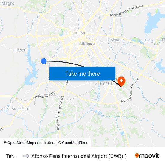 Terminal Caiuá to Afonso Pena International Airport (CWB) (Aeroporto Internacional de Curitiba / Afonso Pena (CWB)) map