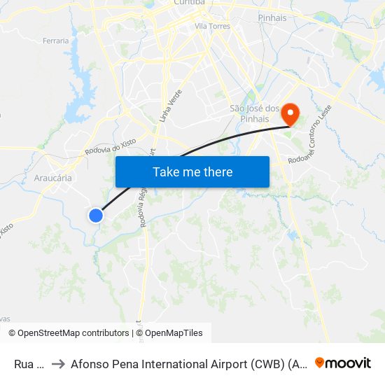 Rua Lotus, 21 to Afonso Pena International Airport (CWB) (Aeroporto Internacional de Curitiba / Afonso Pena (CWB)) map