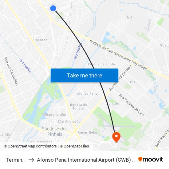 Terminal Centenário to Afonso Pena International Airport (CWB) (Aeroporto Internacional de Curitiba / Afonso Pena (CWB)) map