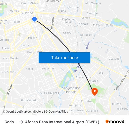 Rodoferroviária to Afonso Pena International Airport (CWB) (Aeroporto Internacional de Curitiba / Afonso Pena (CWB)) map