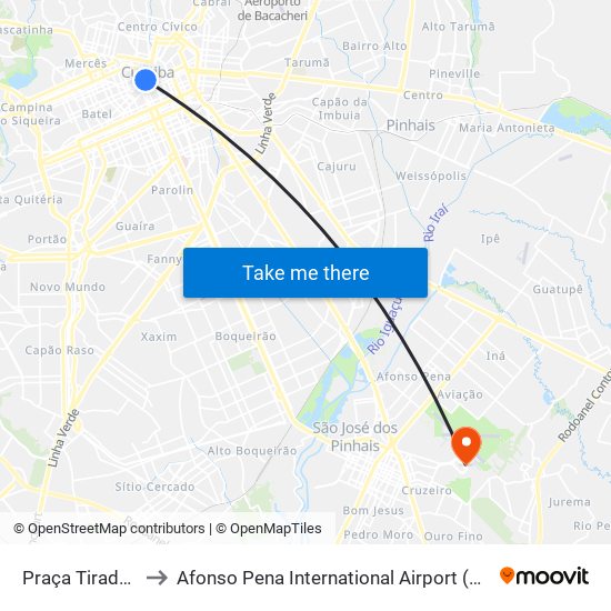 Praça Tiradentes → Terminal Pinhais to Afonso Pena International Airport (CWB) (Aeroporto Internacional de Curitiba / Afonso Pena (CWB)) map