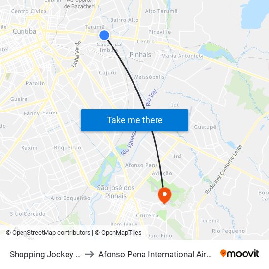 Shopping Jockey Plaza (Av. Victor Ferreira Do Amaral, 2300) to Afonso Pena International Airport (CWB) (Aeroporto Internacional de Curitiba / Afonso Pena (CWB)) map