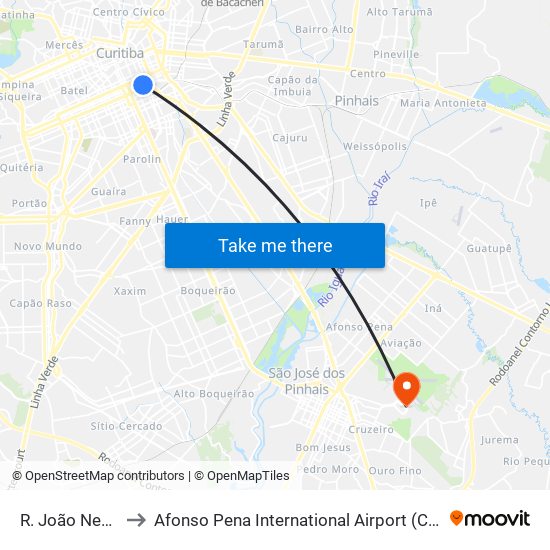 R. João Negrão, 900 (Ponte Preta) to Afonso Pena International Airport (CWB) (Aeroporto Internacional de Curitiba / Afonso Pena (CWB)) map