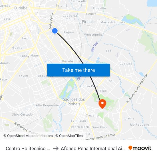 Centro Politécnico (Av. Coronel Francisco Heráclito Dos Santos, 400) to Afonso Pena International Airport (CWB) (Aeroporto Internacional de Curitiba / Afonso Pena (CWB)) map