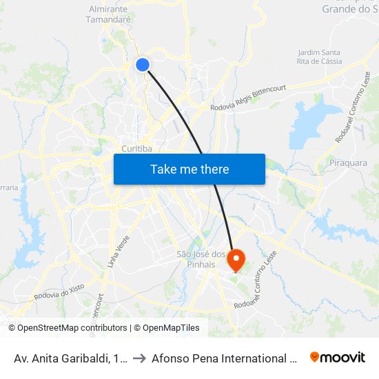 Av. Anita Garibaldi, 12101 - Ponto De Integração Temporal (Desembarque) to Afonso Pena International Airport (CWB) (Aeroporto Internacional de Curitiba / Afonso Pena (CWB)) map