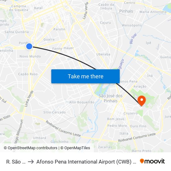 R. São Mateus, 200 to Afonso Pena International Airport (CWB) (Aeroporto Internacional de Curitiba / Afonso Pena (CWB)) map