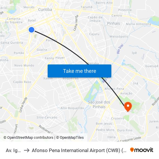 Av. Iguaçu, 2700 to Afonso Pena International Airport (CWB) (Aeroporto Internacional de Curitiba / Afonso Pena (CWB)) map