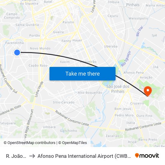 R. João Bettega, 3291 to Afonso Pena International Airport (CWB) (Aeroporto Internacional de Curitiba / Afonso Pena (CWB)) map