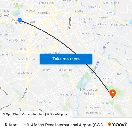 R. Martim Afonso, 2900 to Afonso Pena International Airport (CWB) (Aeroporto Internacional de Curitiba / Afonso Pena (CWB)) map