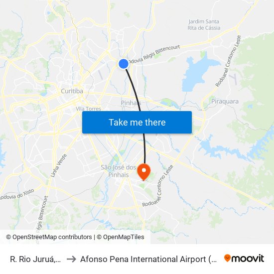 R. Rio Juruá, 1232 (Copel Polo Atuba) to Afonso Pena International Airport (CWB) (Aeroporto Internacional de Curitiba / Afonso Pena (CWB)) map