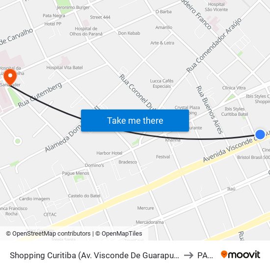 Shopping Curitiba (Av. Visconde De Guarapuava, 3850) to PAMO map
