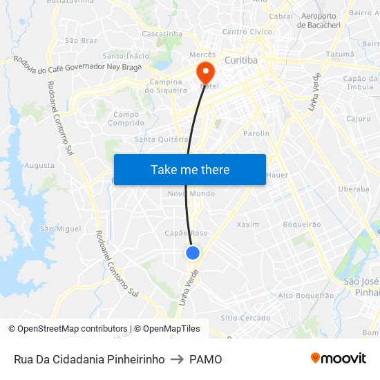 Rua Da Cidadania Pinheirinho to PAMO map