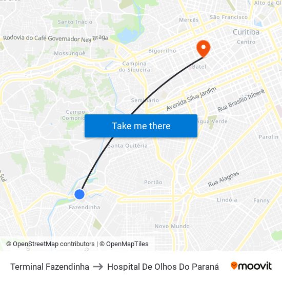 Terminal Fazendinha to Hospital De Olhos Do Paraná map