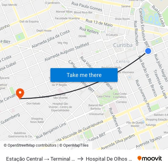 Estação Central → Terminal Capão Raso to Hospital De Olhos Do Paraná map