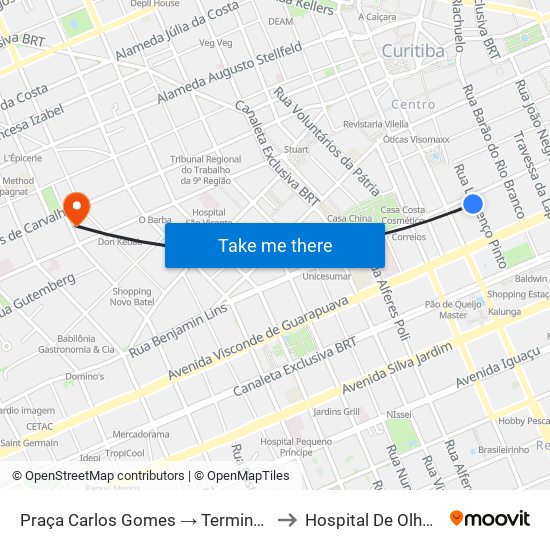 Praça Carlos Gomes → Terminal Fazenda Rio Grande to Hospital De Olhos Do Paraná map