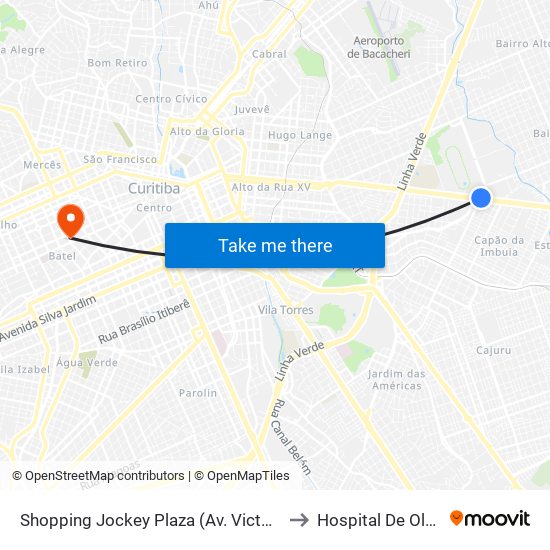 Shopping Jockey Plaza (Av. Victor Ferreira Do Amaral, 2300) to Hospital De Olhos Do Paraná map