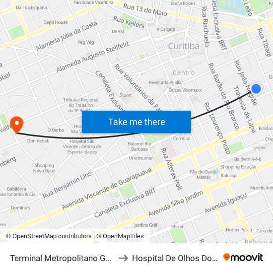 Terminal Metropolitano Guadalupe to Hospital De Olhos Do Paraná map