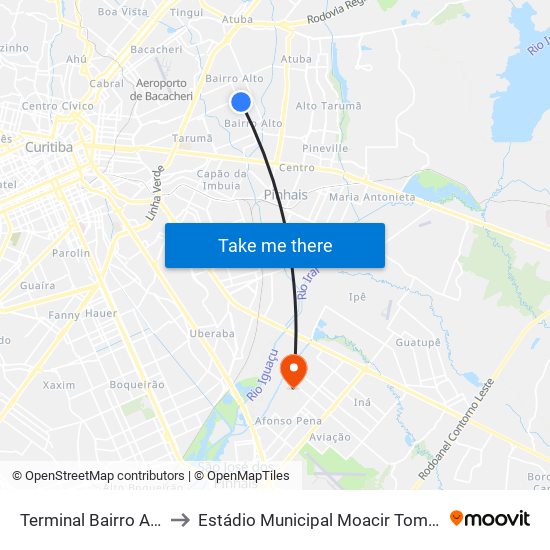 Terminal Bairro Alto to Estádio Municipal Moacir Tomelin map