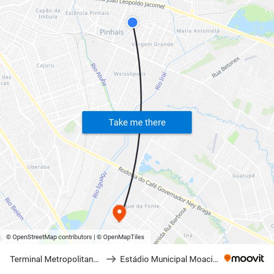 Terminal Metropolitano Pinhais to Estádio Municipal Moacir Tomelin map